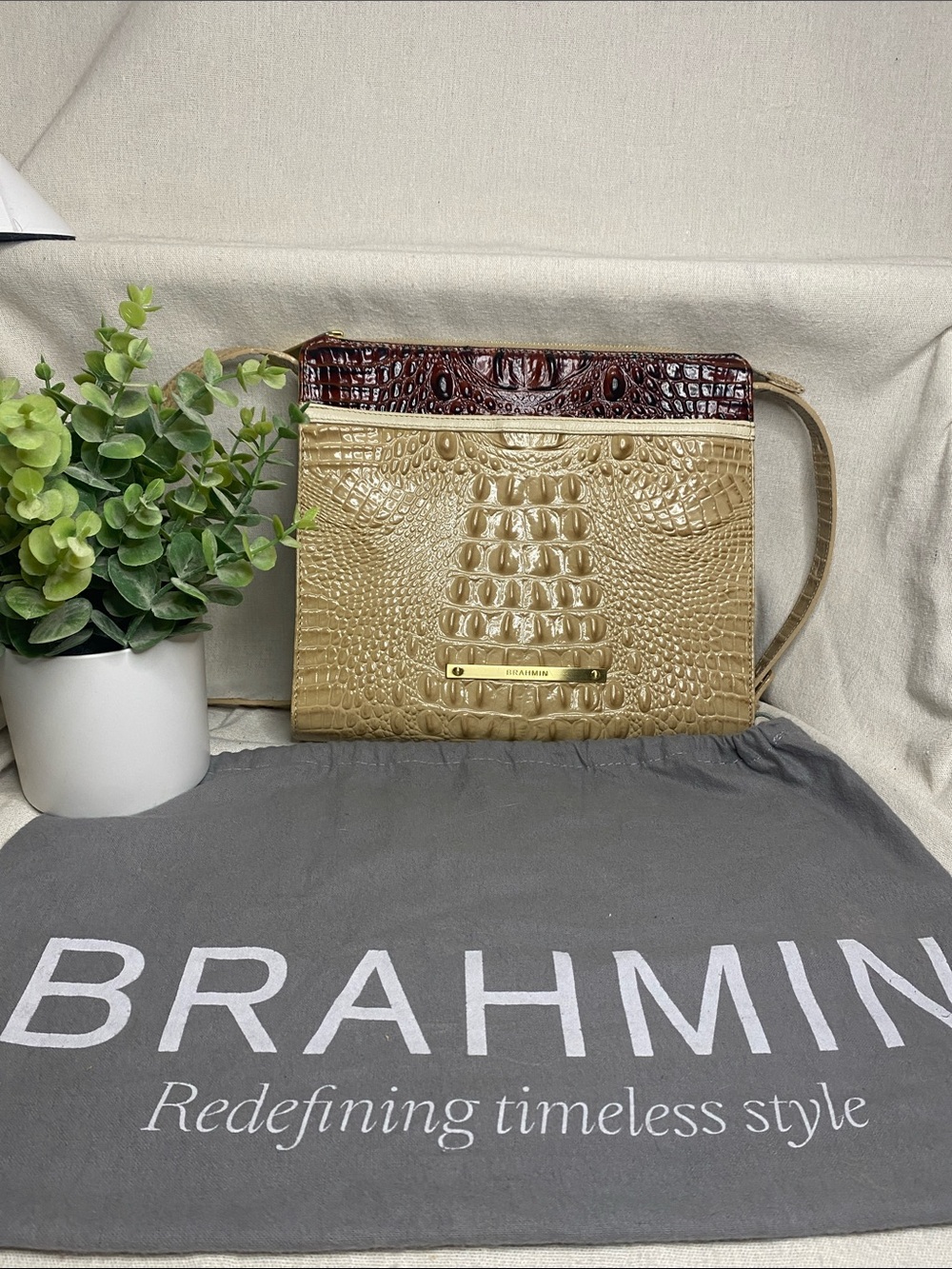 Brahmin Tricolor Melbourne Vintage Champagne Pecan White Croc Embossed Leather